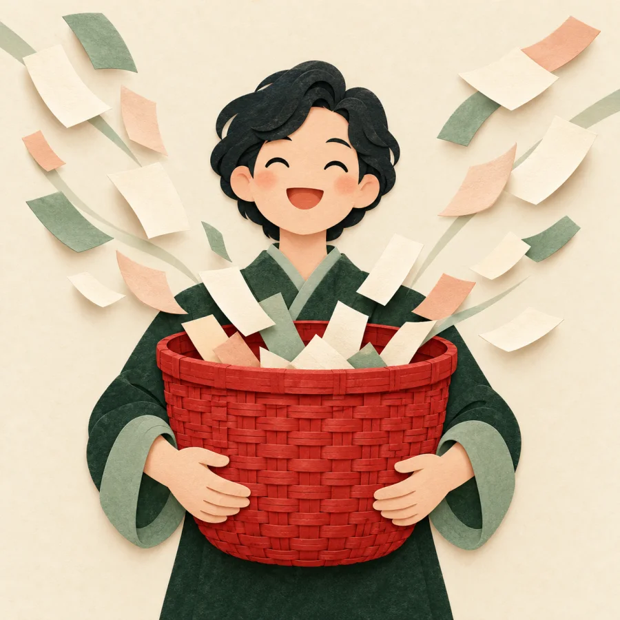 A person holding a basket as paper slips fly into it