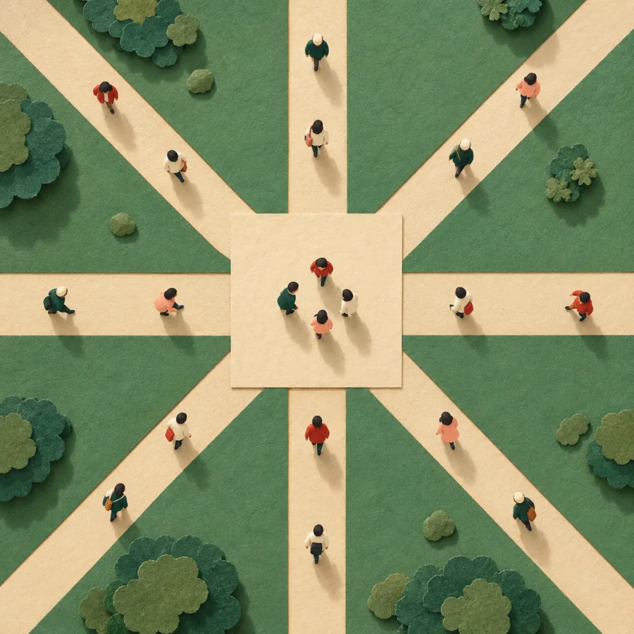 People on different paths converging on a central square