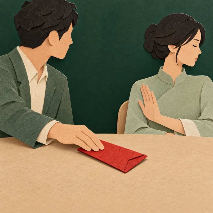 A person slipping a red envelope across a desk