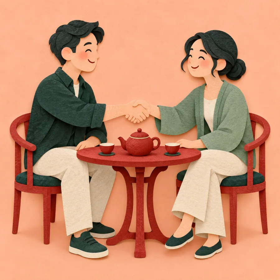 Two friends shaking hands at a table with a teapot