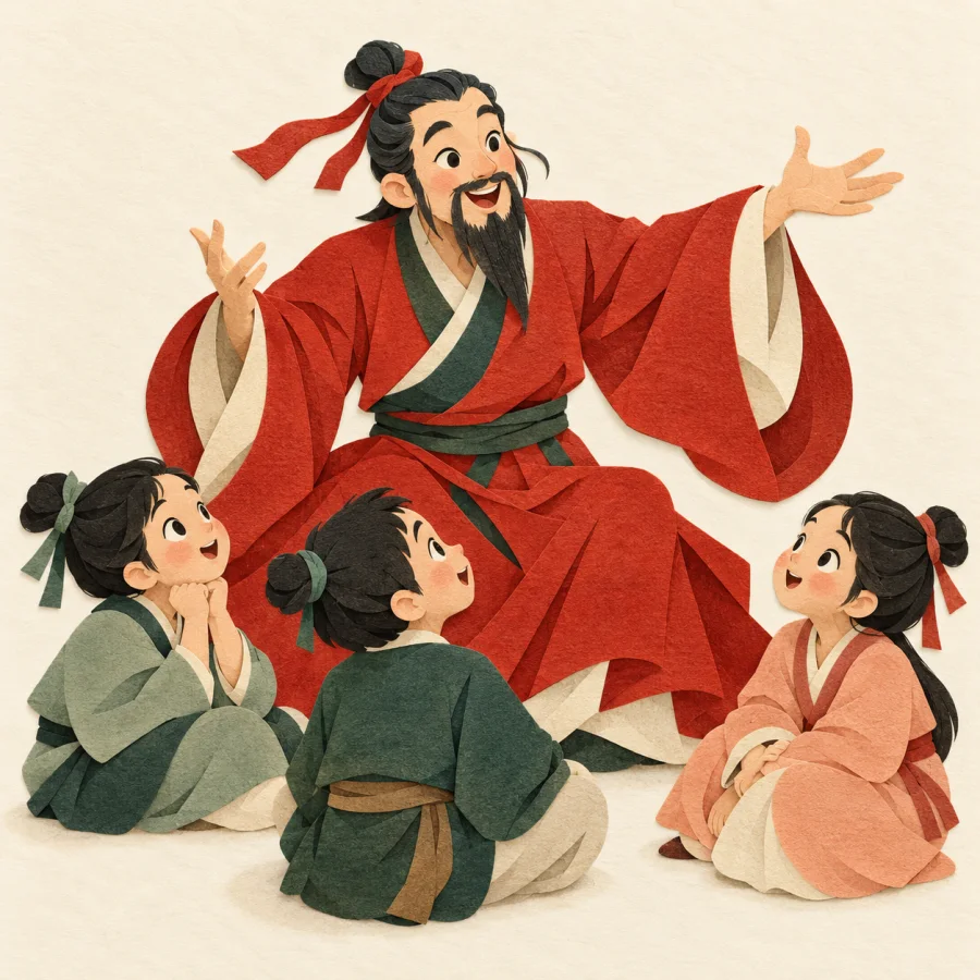 A storyteller gesturing before a circle of listeners