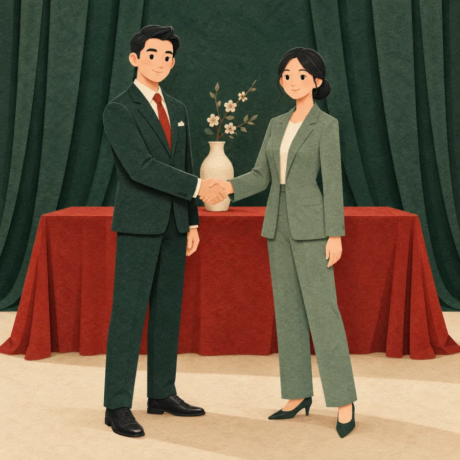 Two people in formal clothes shaking hands by a long table