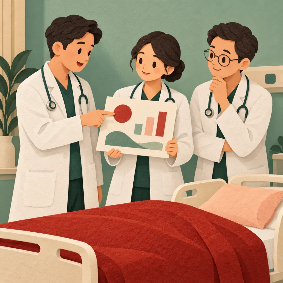 Three doctors around a bed studying a chart
