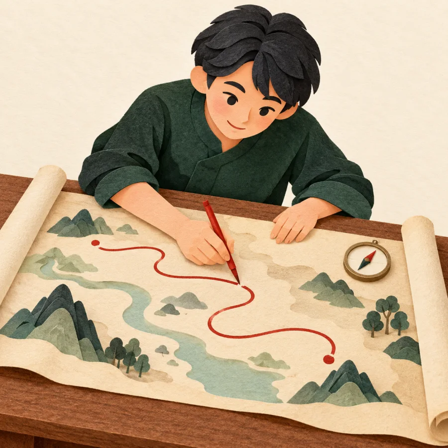 A person bent over a map drawing a red path