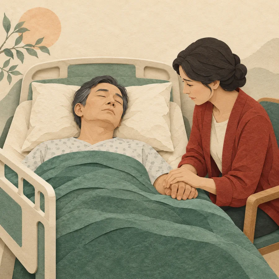 A person lying unconscious in a hospital bed, a relative holding their hand