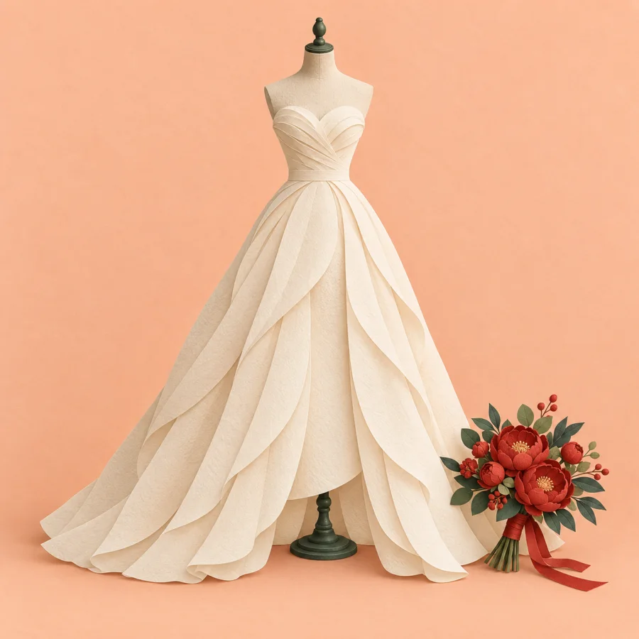 A wedding dress on a mannequin with a red bouquet