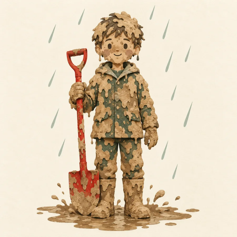 A person with a shovel covered in mud standing in rain
