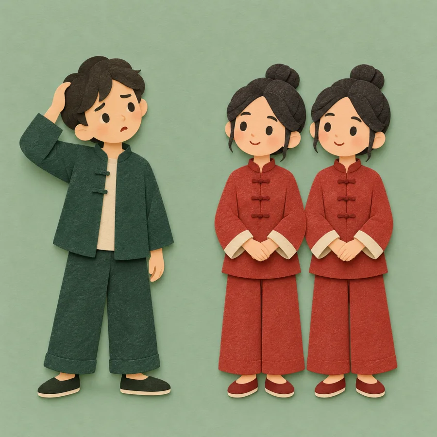 A confused person looking at two nearly identical twins