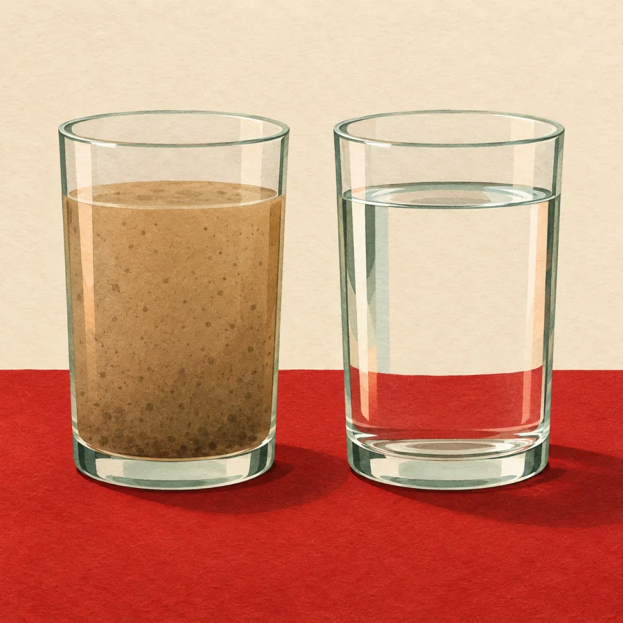 A glass of muddy water beside a glass of clear water