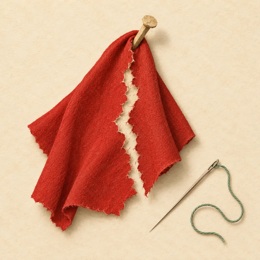 A red cloth with a jagged tear on a nail, a needle nearby