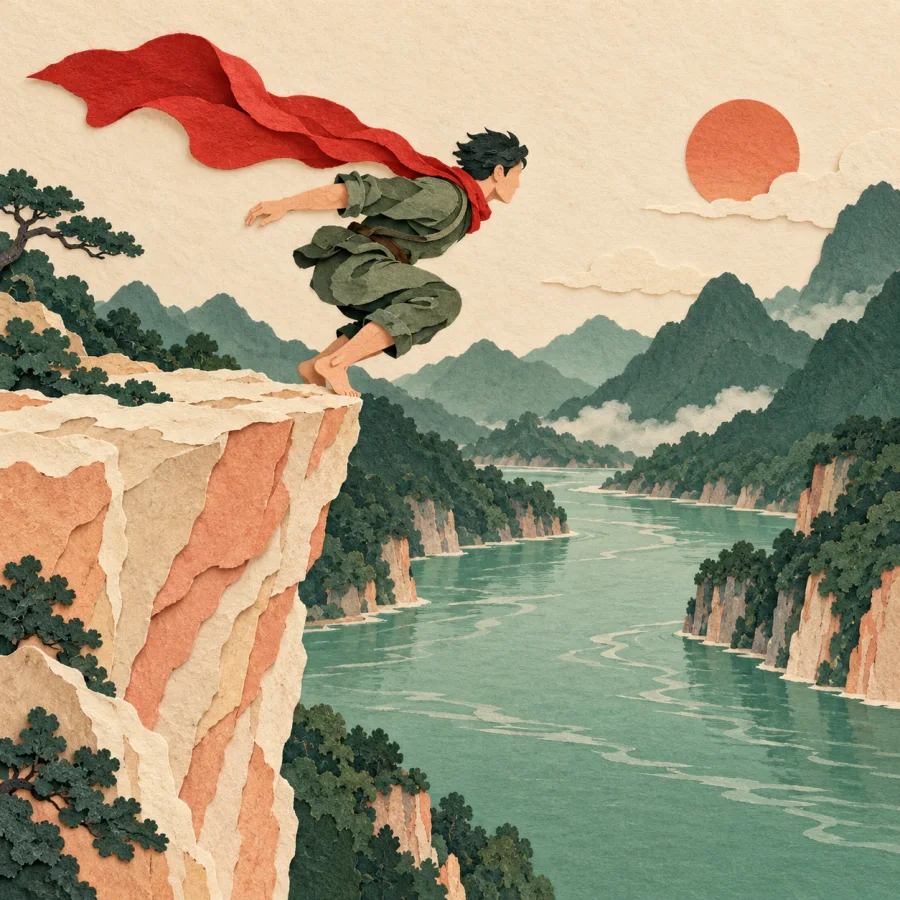 A person in a red scarf about to leap from a cliff into a river
