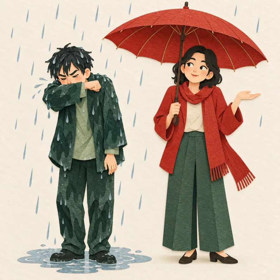 A soaked person sneezing while another stays dry under a red umbrella