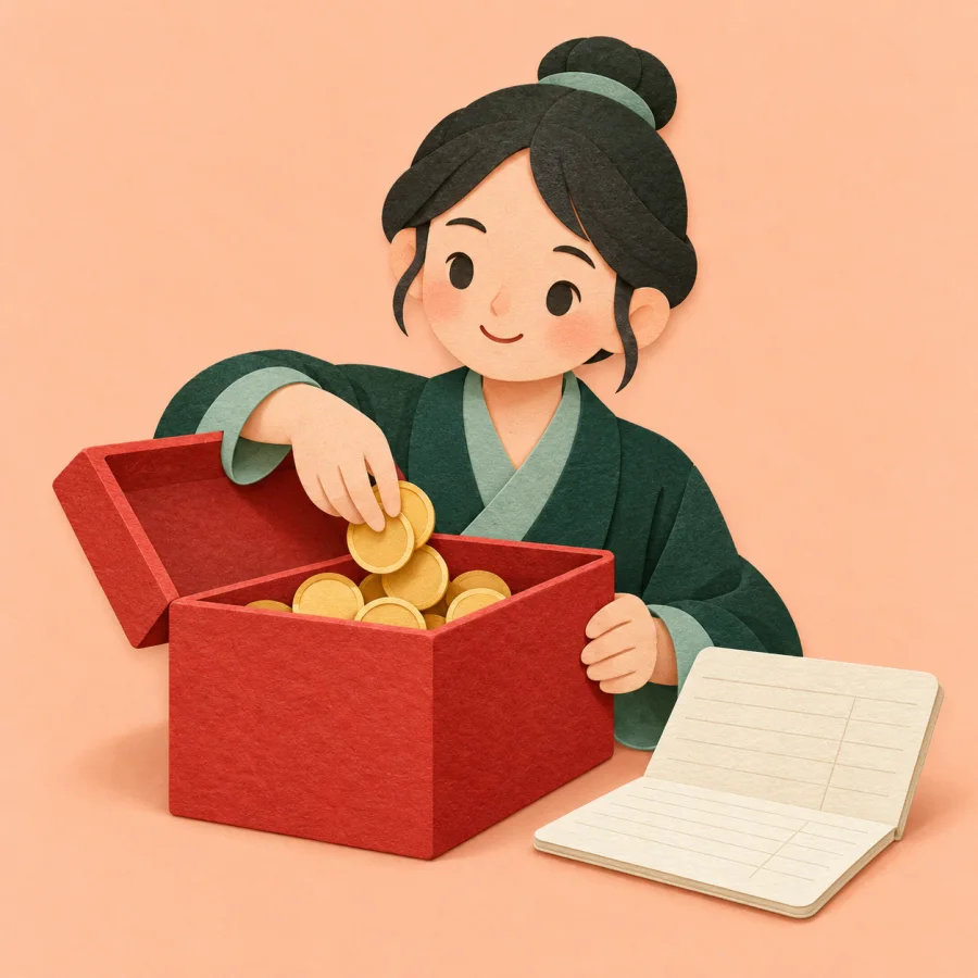 A person taking coins from an open red money box