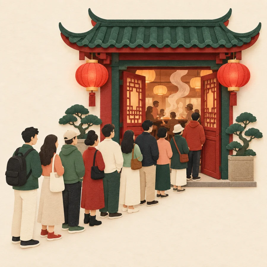 A long queue outside a restaurant with red lanterns
