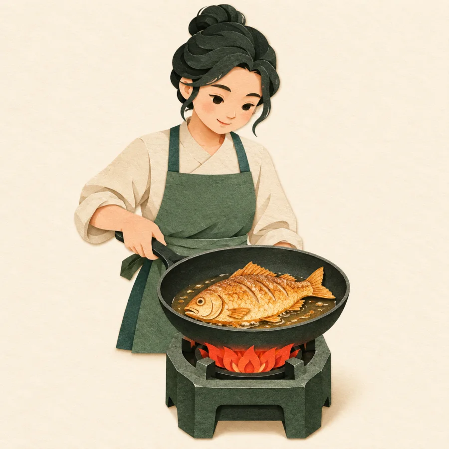 A cook watching a fish in a pan over a flame