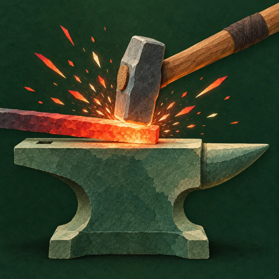 A hammer striking iron with red sparks flying