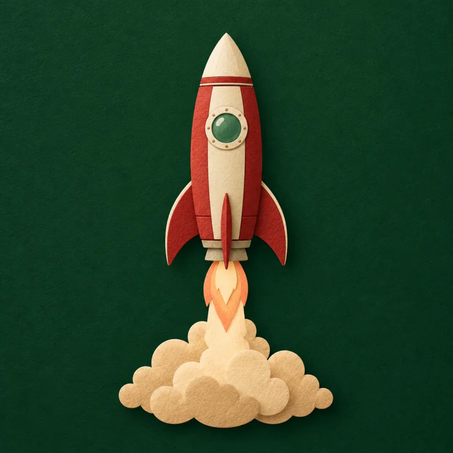 A rocket lifting off into a dark sky with a puff of smoke