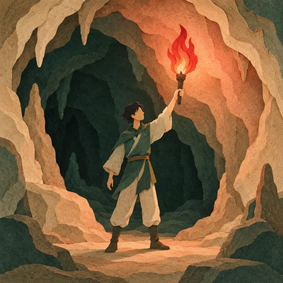 A person holding a burning torch in a dark cave