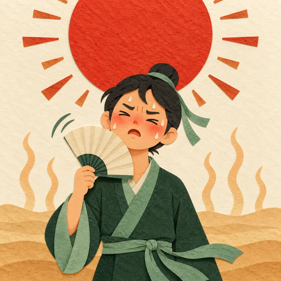A person squinting and fanning themselves under a blazing sun