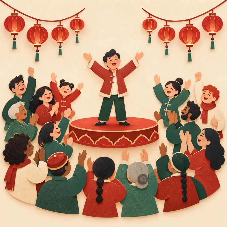 A cheering crowd by a small stage under red lanterns