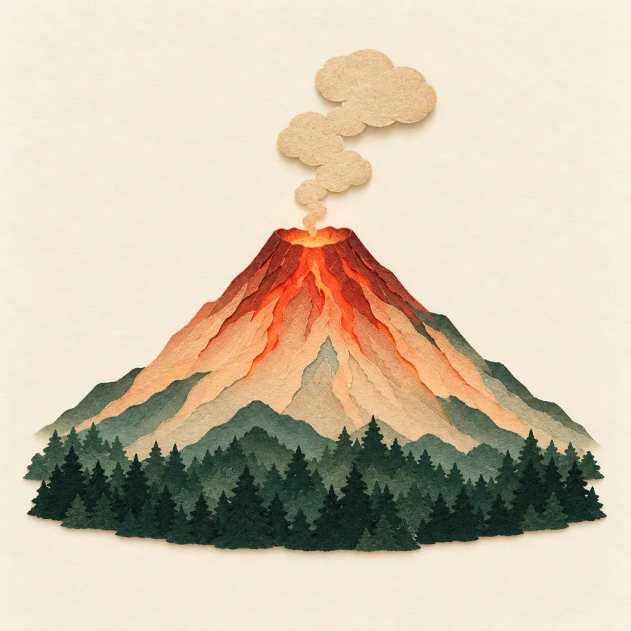 A volcano with a red glow and smoke above its crater