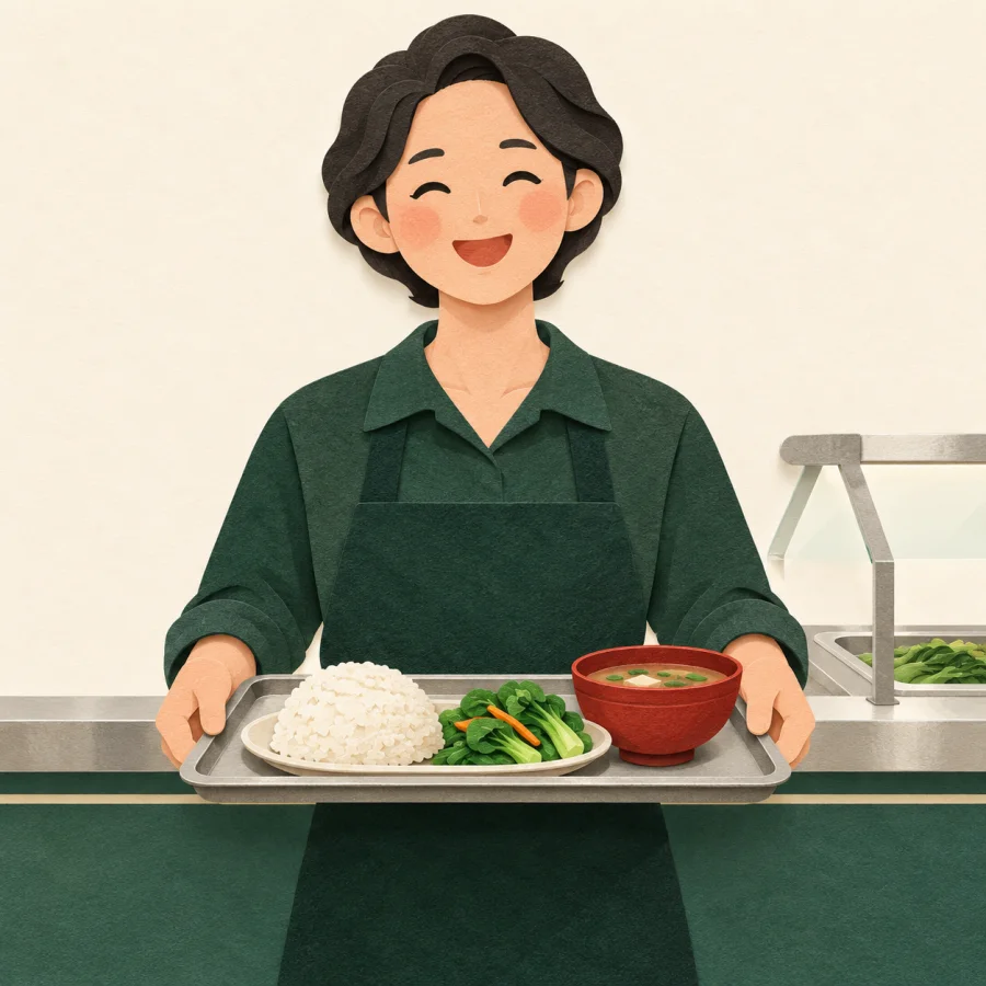 A smiling person in a canteen line holding a tray of rice and soup