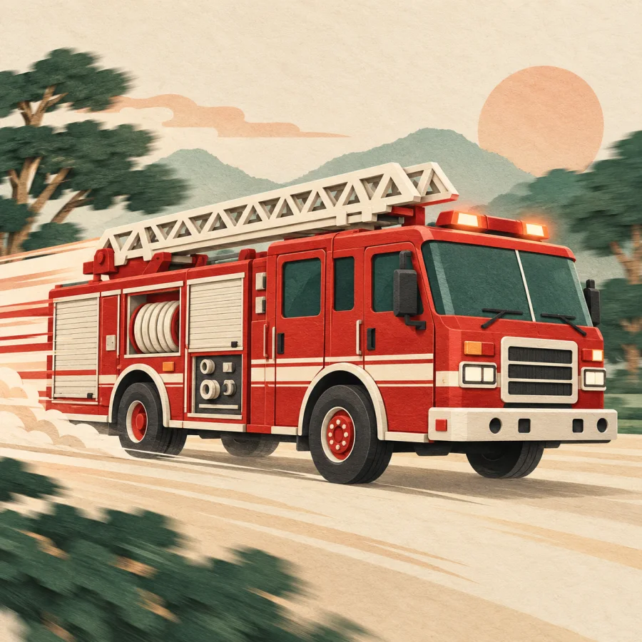 A red fire truck racing along a road
