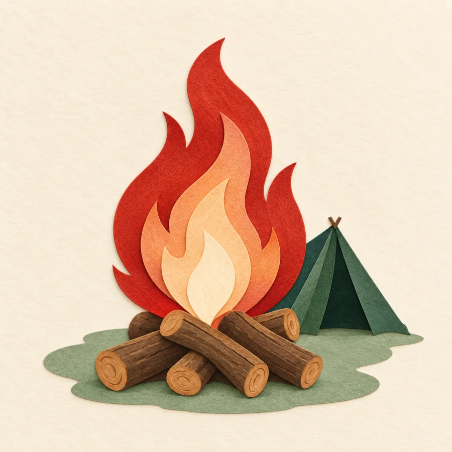 A large red campfire flame beside a small tent