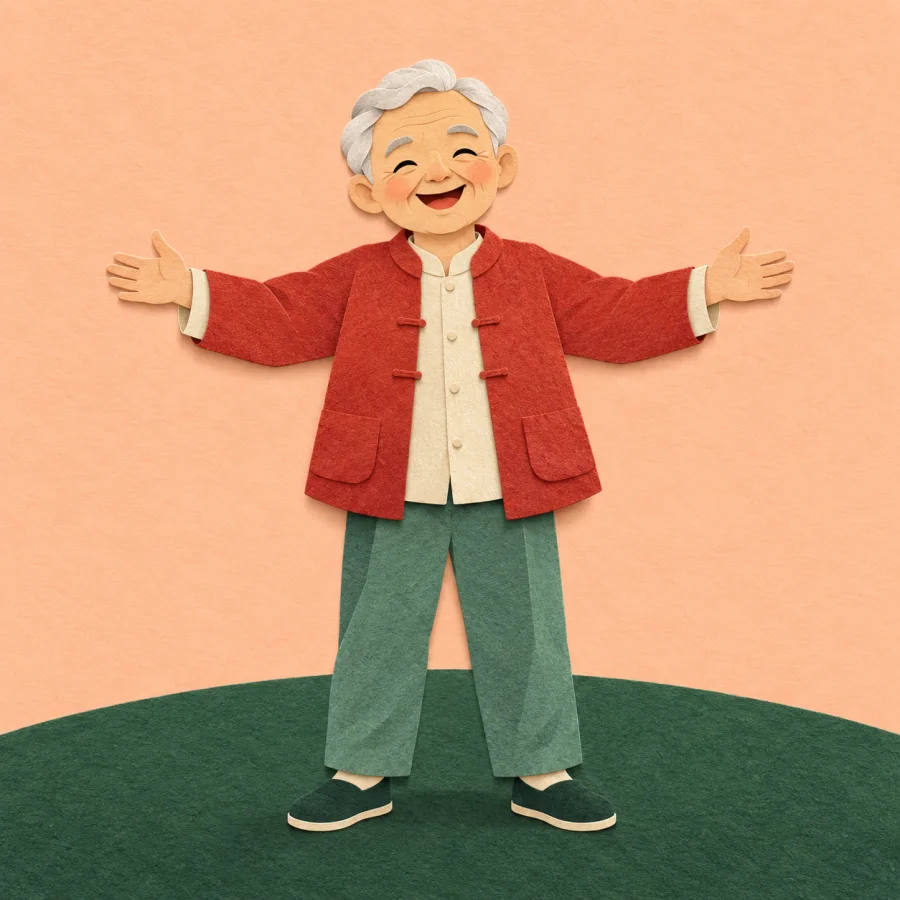 A smiling elderly person with arms wide open on a hill