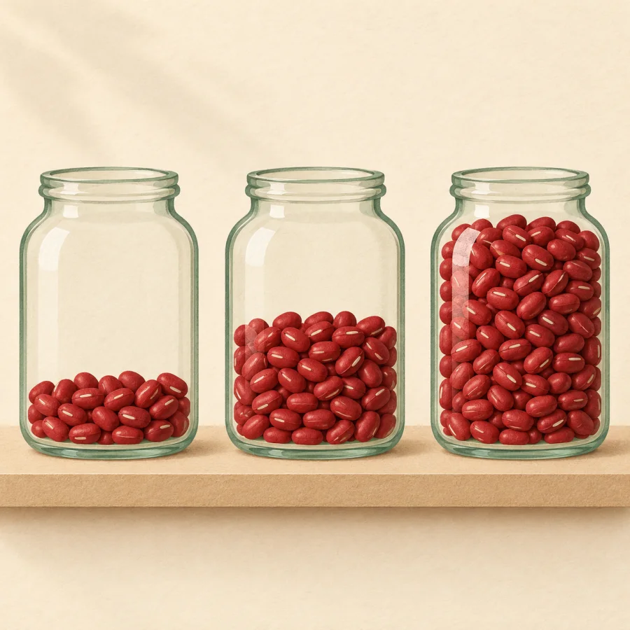 Three jars of red beans filled to different levels