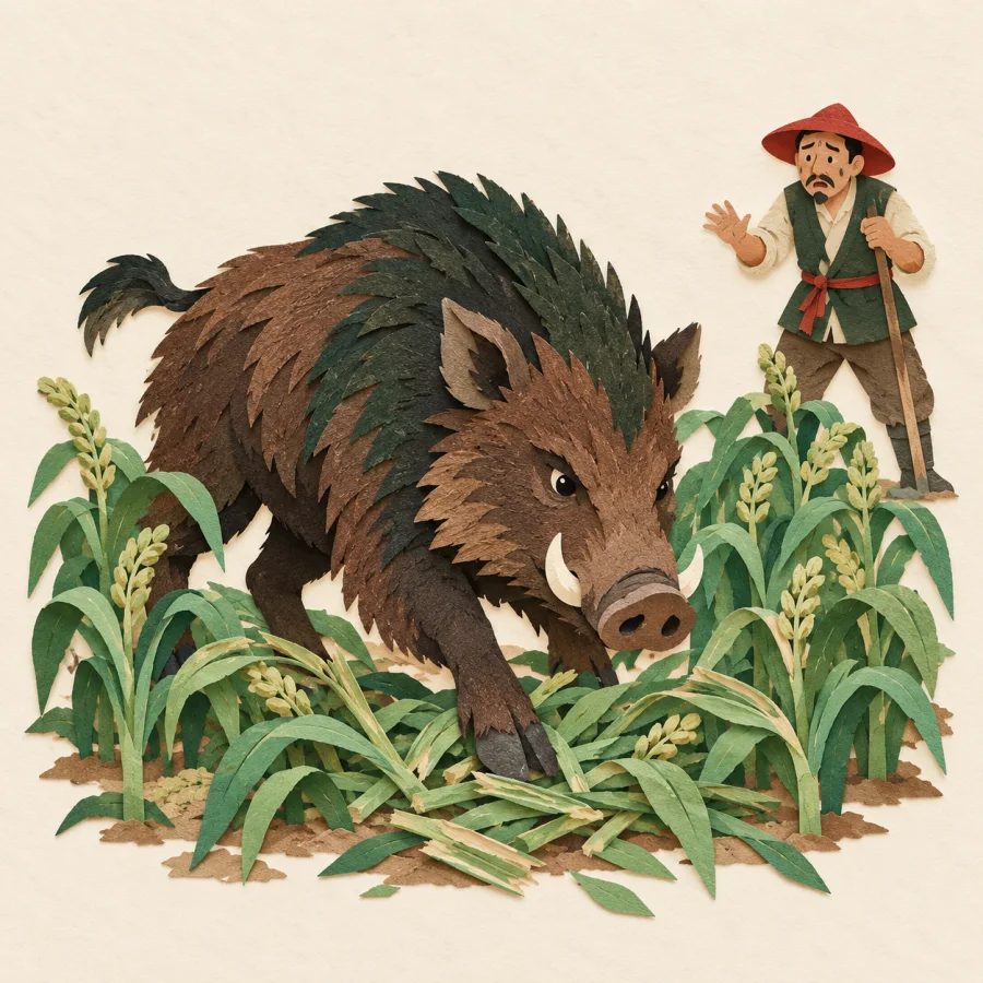 A wild boar trampling a field while a worried farmer watches