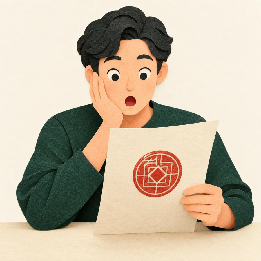 A surprised person reading an official letter with a red seal