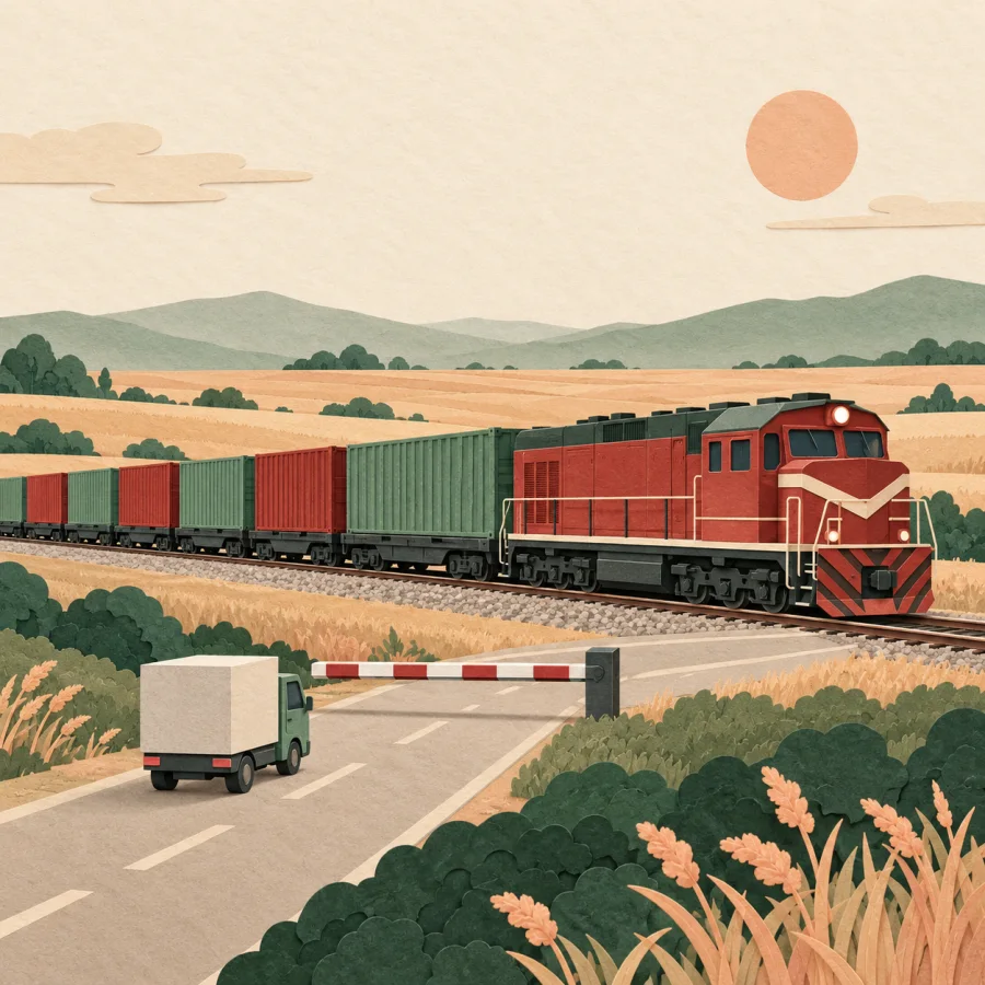 A long freight train with containers crossing a plain