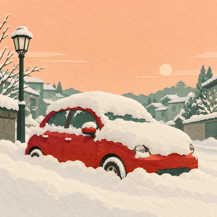 A snowy street with a red car half buried in snow