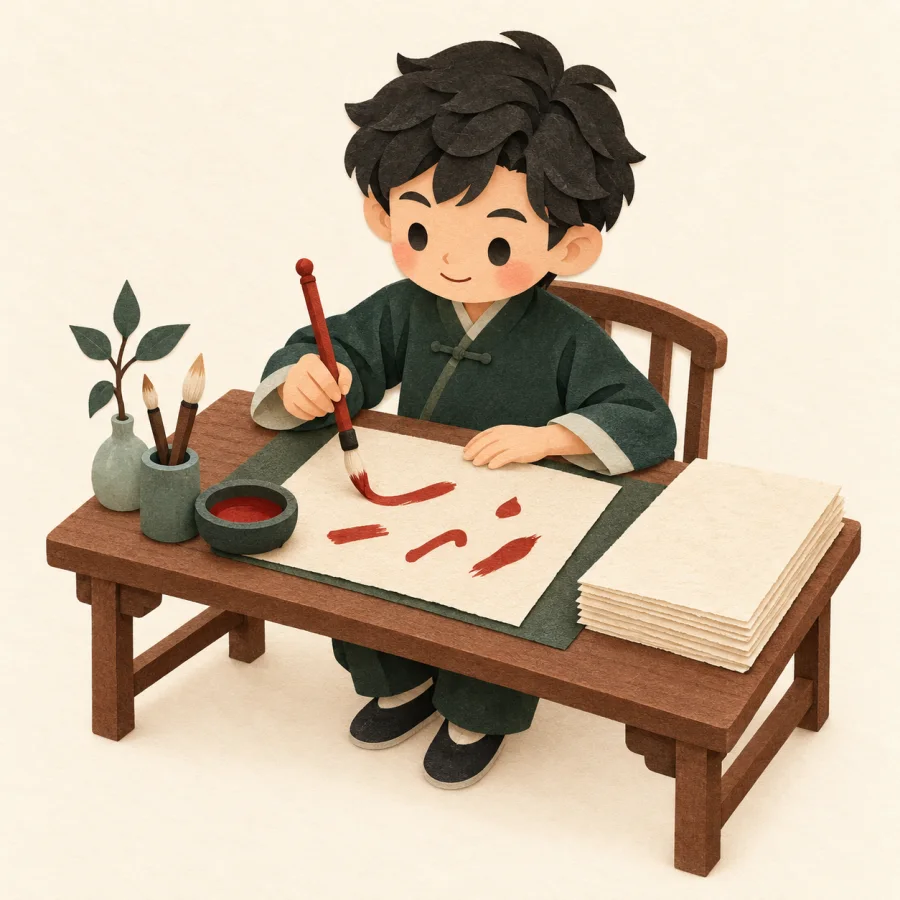 A student practising simple brush strokes beside a stack of sheets