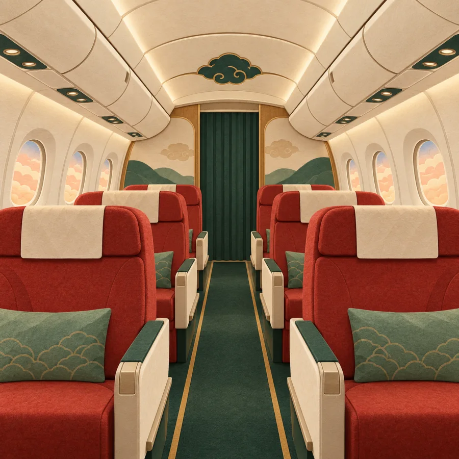 An aircraft cabin with rows of red seats and small windows