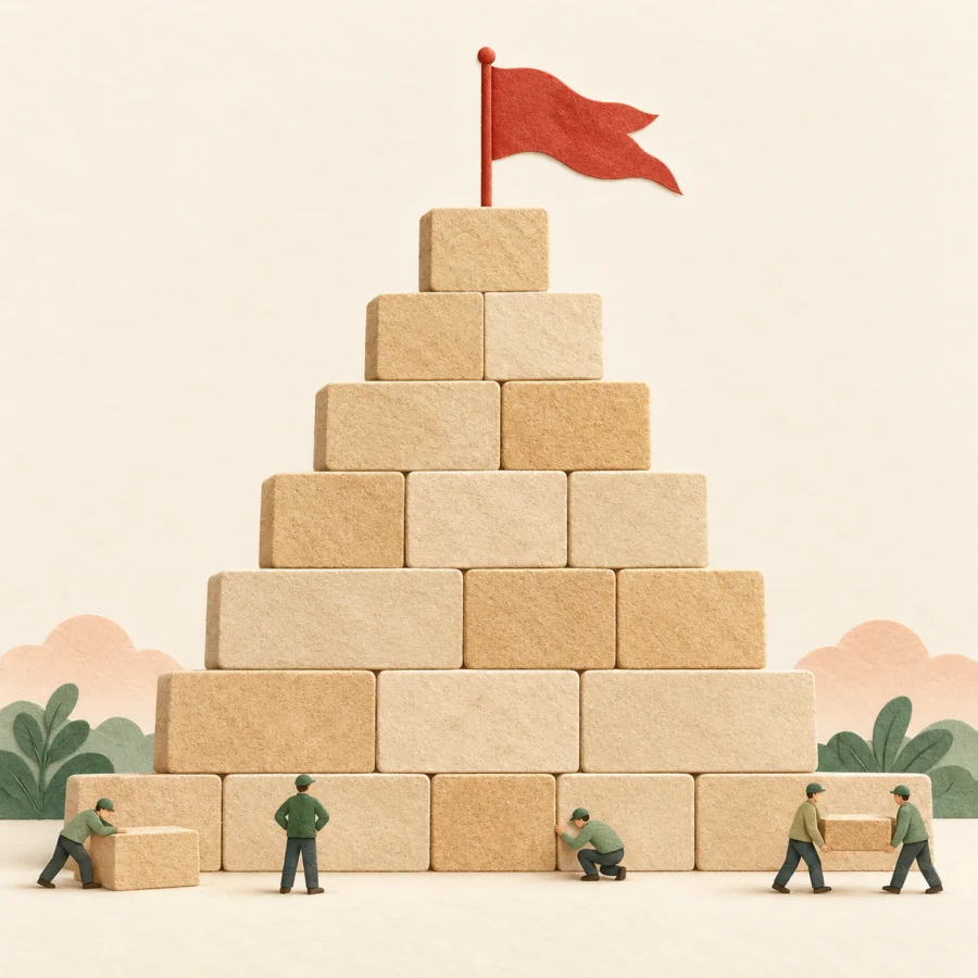 Small workers at the bottom of a block pyramid with a red flag on top
