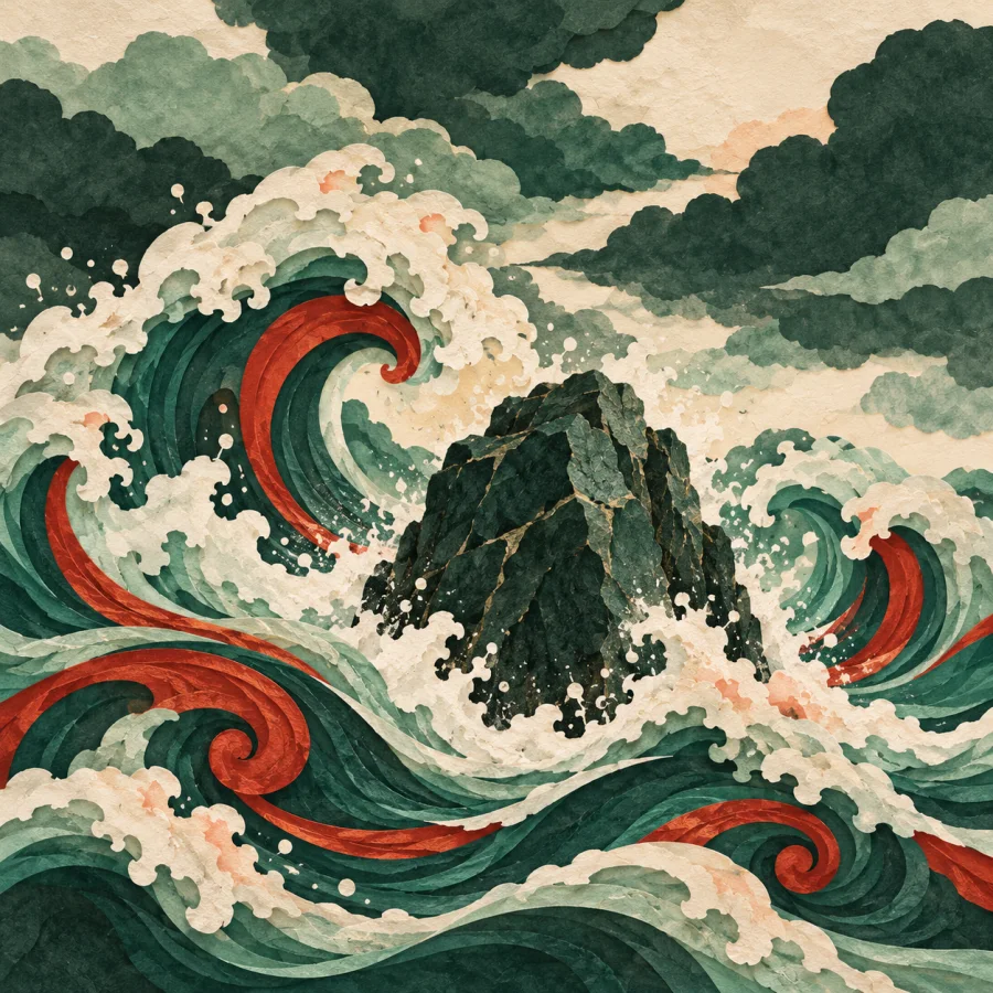 Huge waves crashing against a rock under a stormy sky