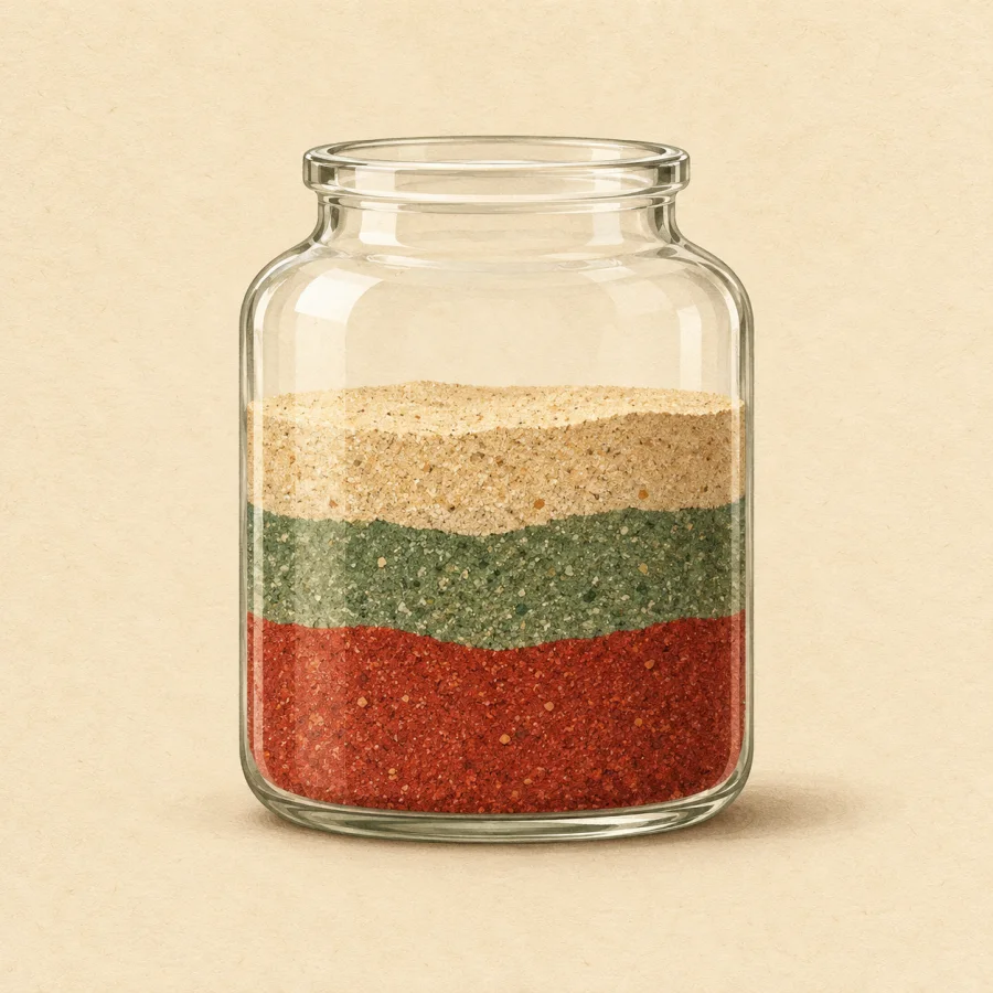 A glass jar with neat stripes of settled coloured sand