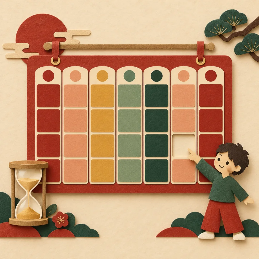 A block timetable with one empty slot and an hourglass