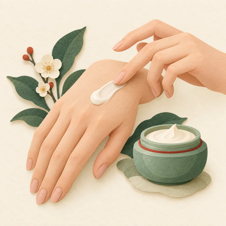 A hand with a drop of cream and a small jar beside it