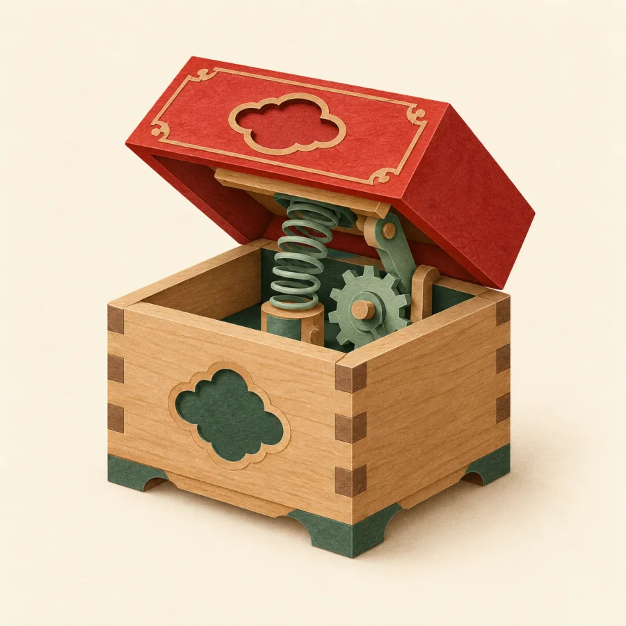 A wooden puzzle box with a hidden mechanism and a red lid