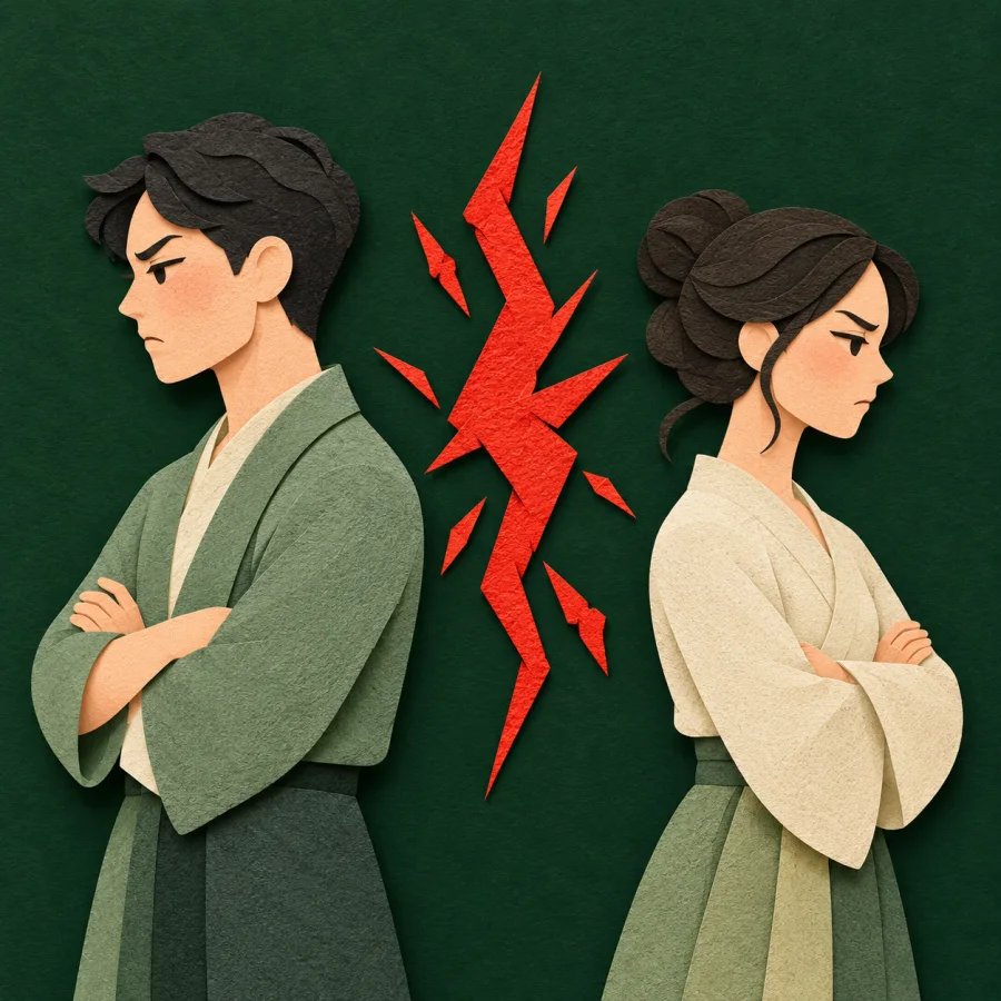 Two people turned away from each other with a red spark between them