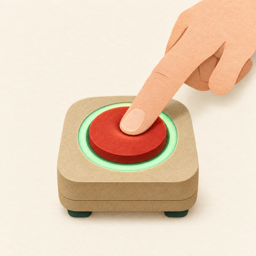 A hand pressing a red button as a device lights up green