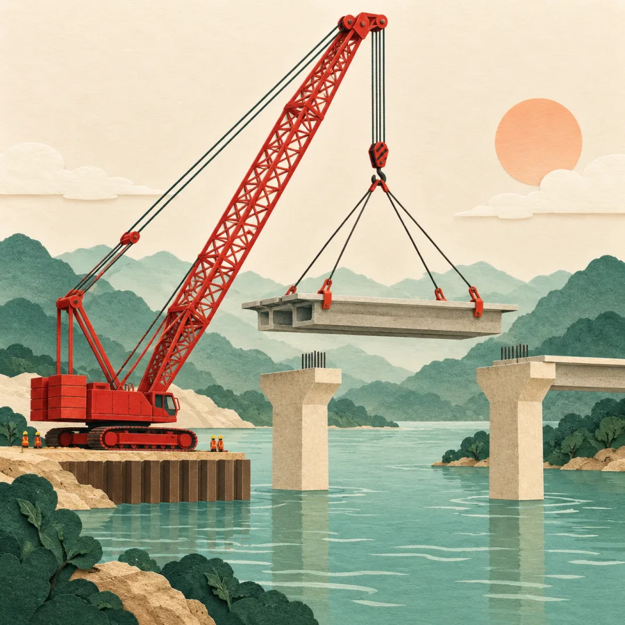 A crane lifting a bridge section over a river