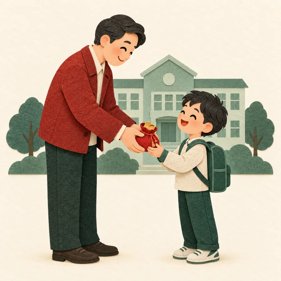 A person giving a schoolchild a red bag of coins