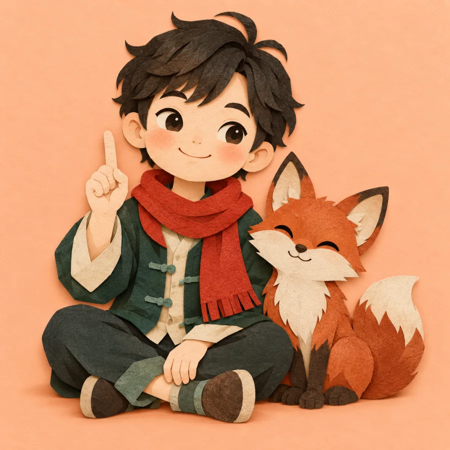 A bright child with a raised finger and a small fox beside