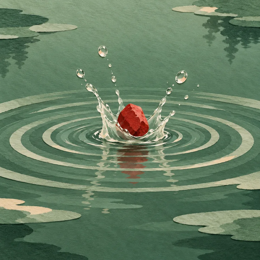 A stone dropping into a pond with ripples spreading