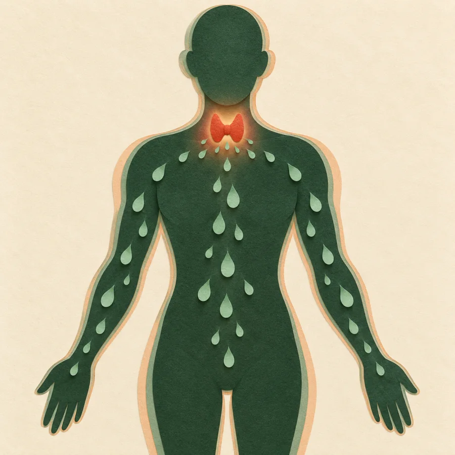 A human silhouette with a red gland and droplets inside