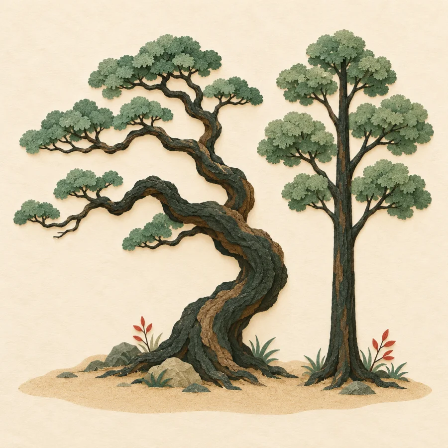 A crooked twisted tree beside a straight tree